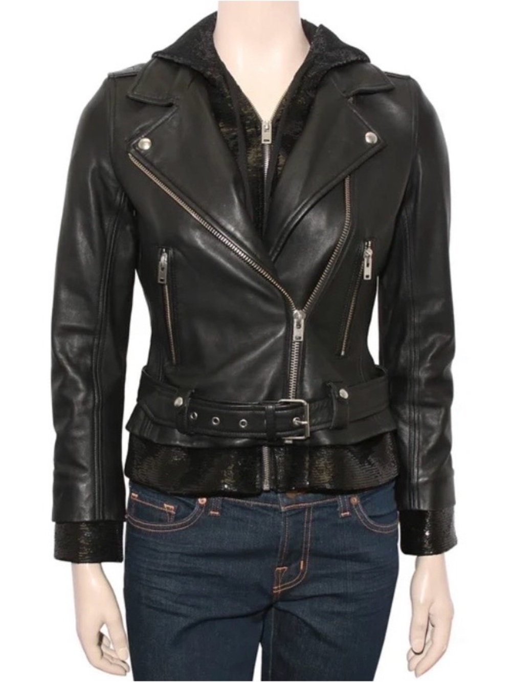 IRO Black Leather Moto Jacket with sequins